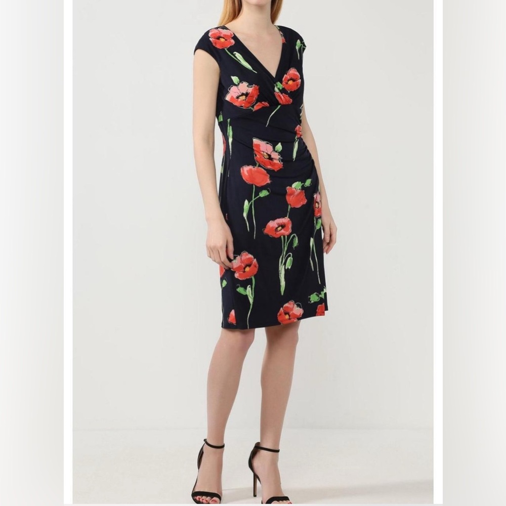 Ralph Lauren Navy & Red Poppy Floral Print Jersey V-Neck Mini Faux Wrap Dress 4‎